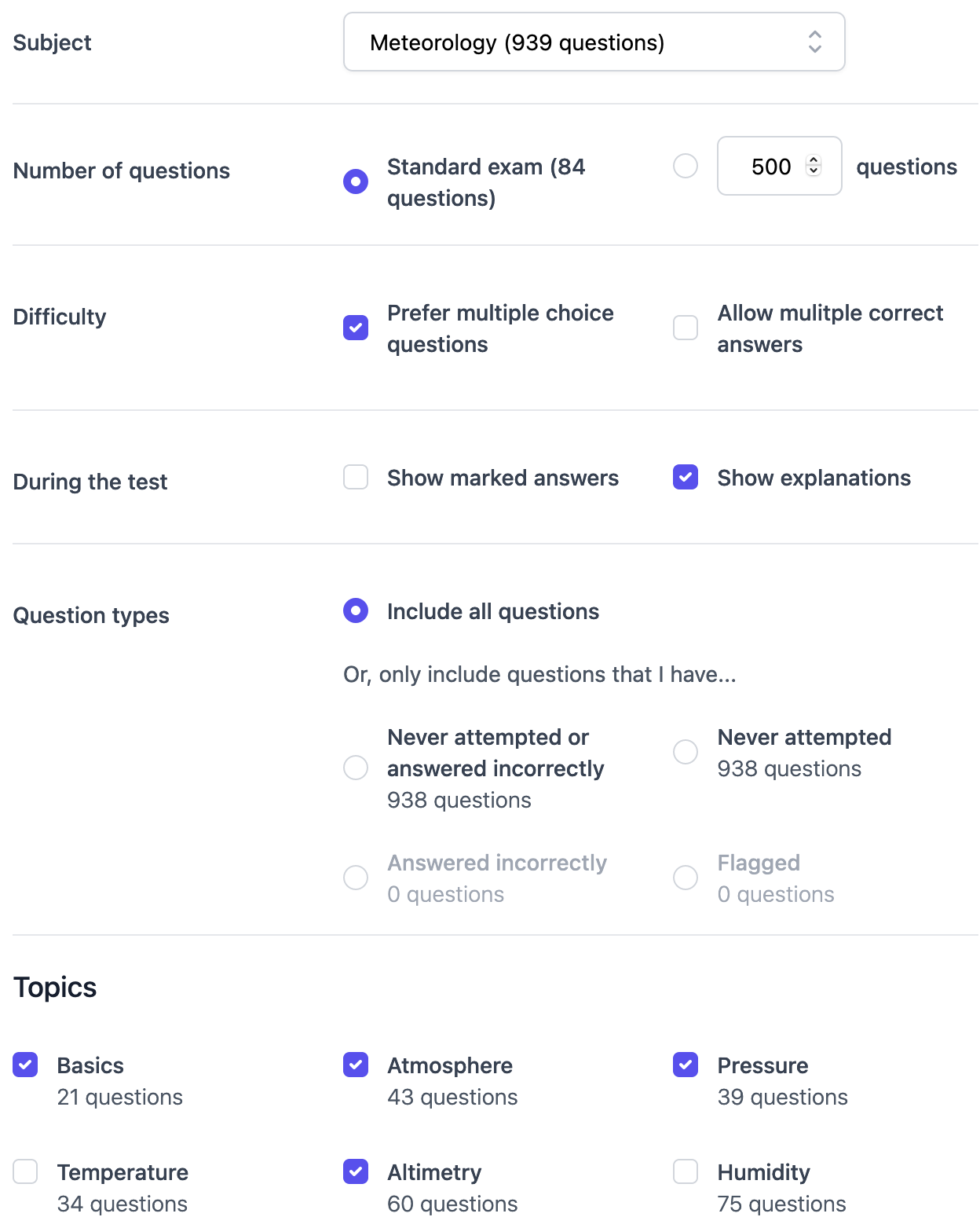 The test customization panel in Exam Copilot